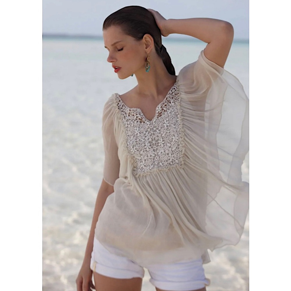 Anthropologie Sheer Cream Lace-Front Flutter Sleeve Blouse